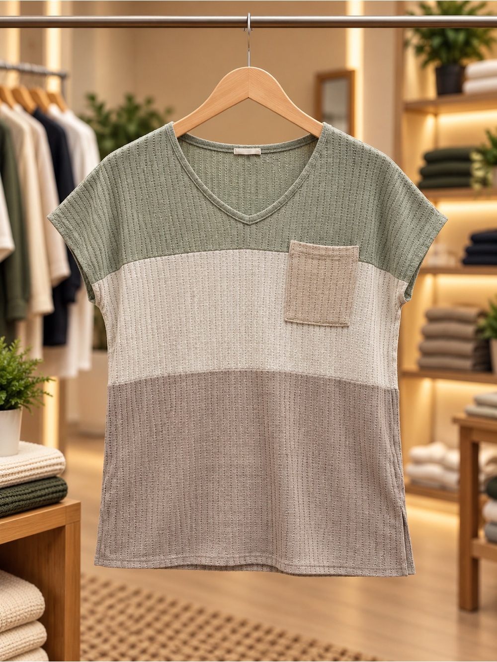First Love Colorblock Waffle V-Neck Tank Top - Sage/Cream/Taupe